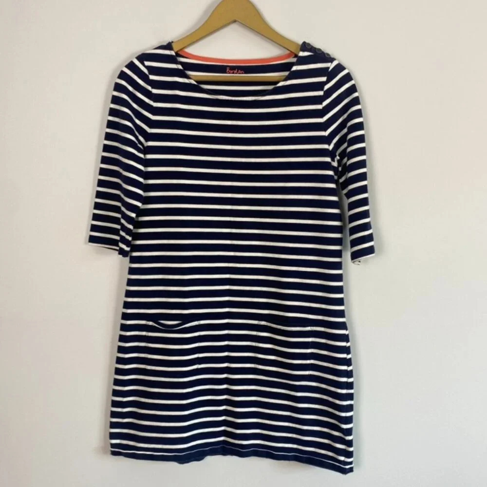 Boden Nautical Blue and White Striped 3/4 Sleeve Cotton Dress